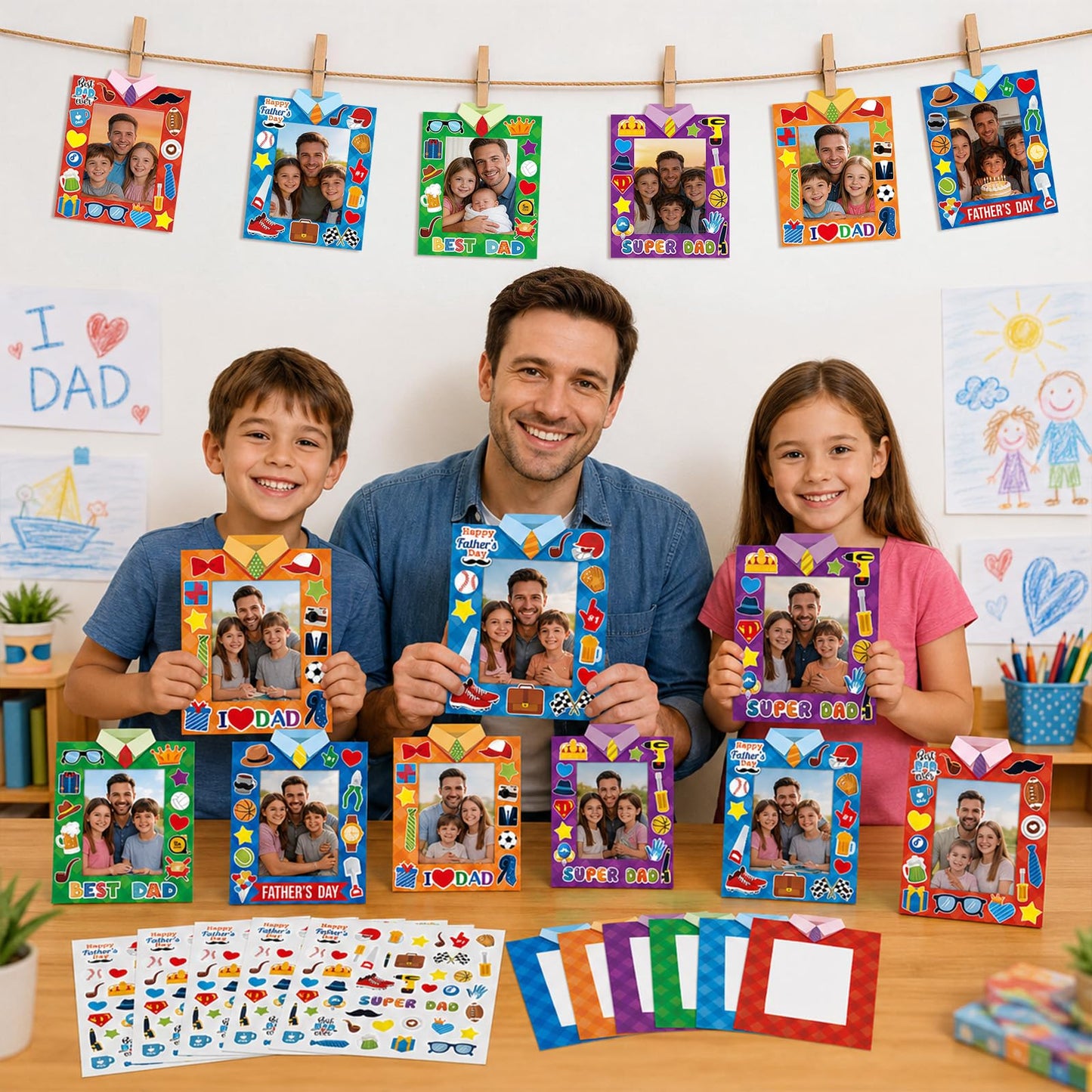 30 Packs Father's Day Picture Frame Craft with Sticker Happy Fathers Day DIY Craft Art Fathers paper photo frame Personalized Gifts for Father Dad Party Decoration Favor Home Classroom Game Activities
