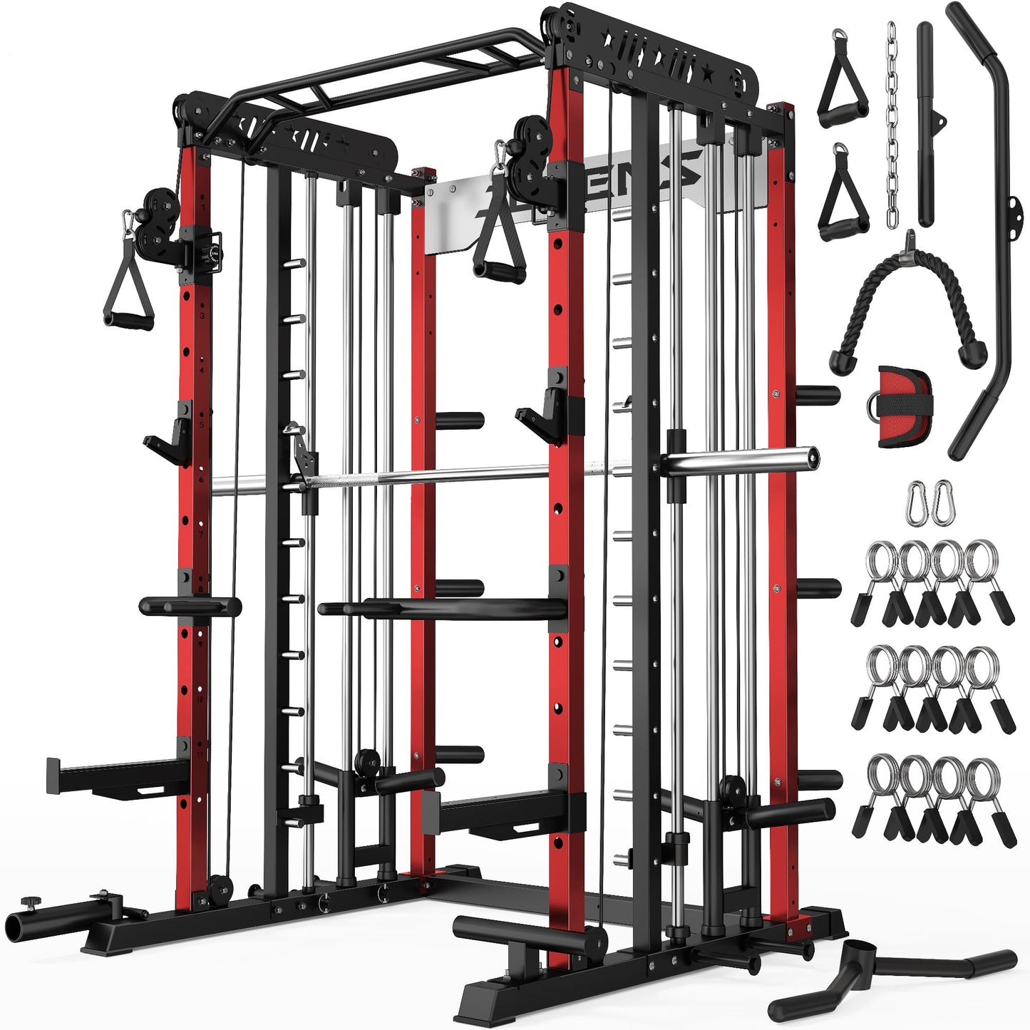 JELENS Smith Machine for Home Gym, Multi-Function M12 Power Cage, Squat Rack with Smith Bar and More Attachment (Red, M12 Smith Machine)