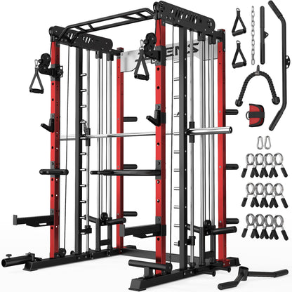 JELENS Smith Machine for Home Gym, Multi-Function M12 Power Cage, Squat Rack with Smith Bar and More Attachment (Red, M12 Smith Machine)