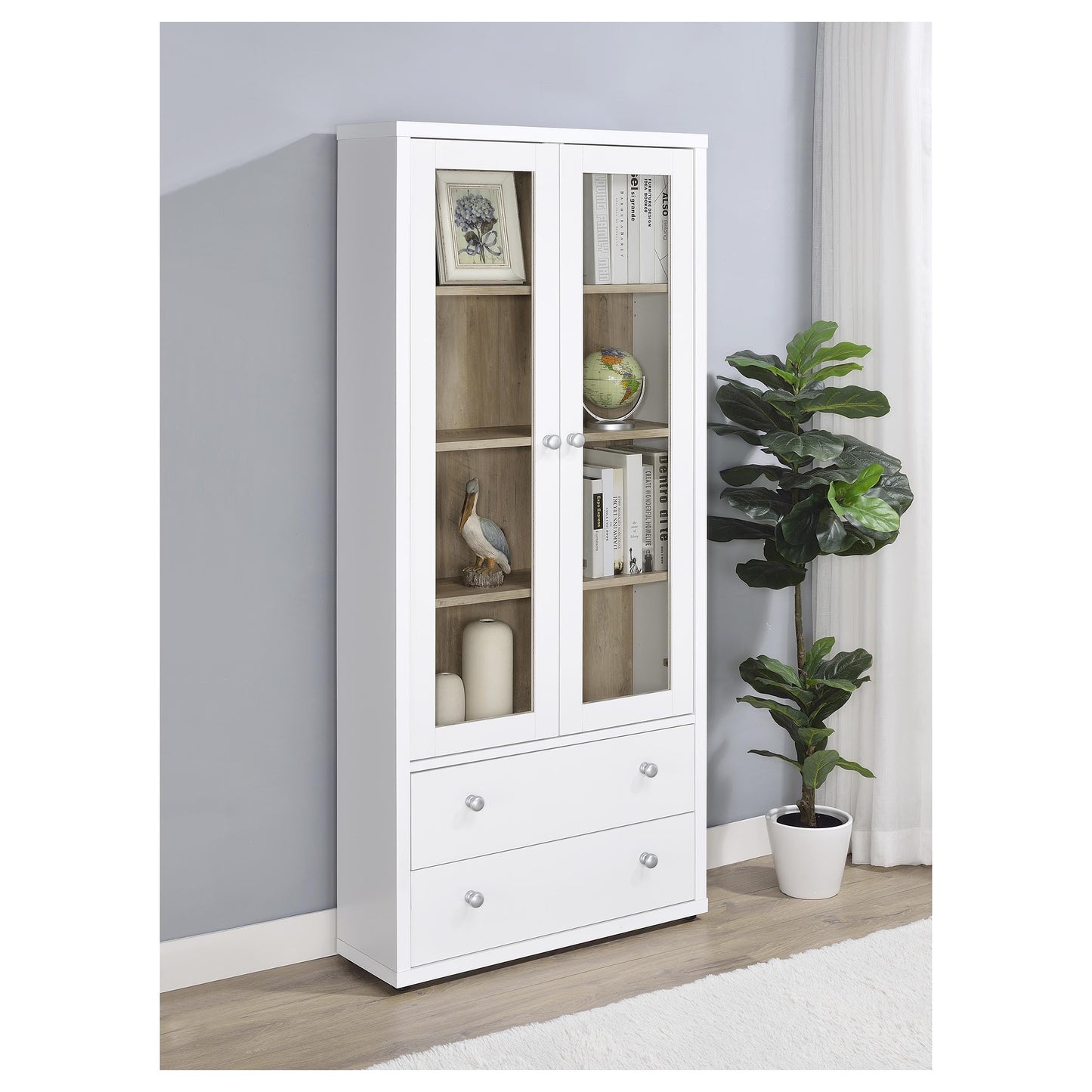 Coaster Home Furnishings - Hawthorne - 4-Shelf Tall Wood Accent Cabinet with Glass Doors, Drawers - Farmhouse Style - Living Room, Entryway & Home Kitchen - White - 953477