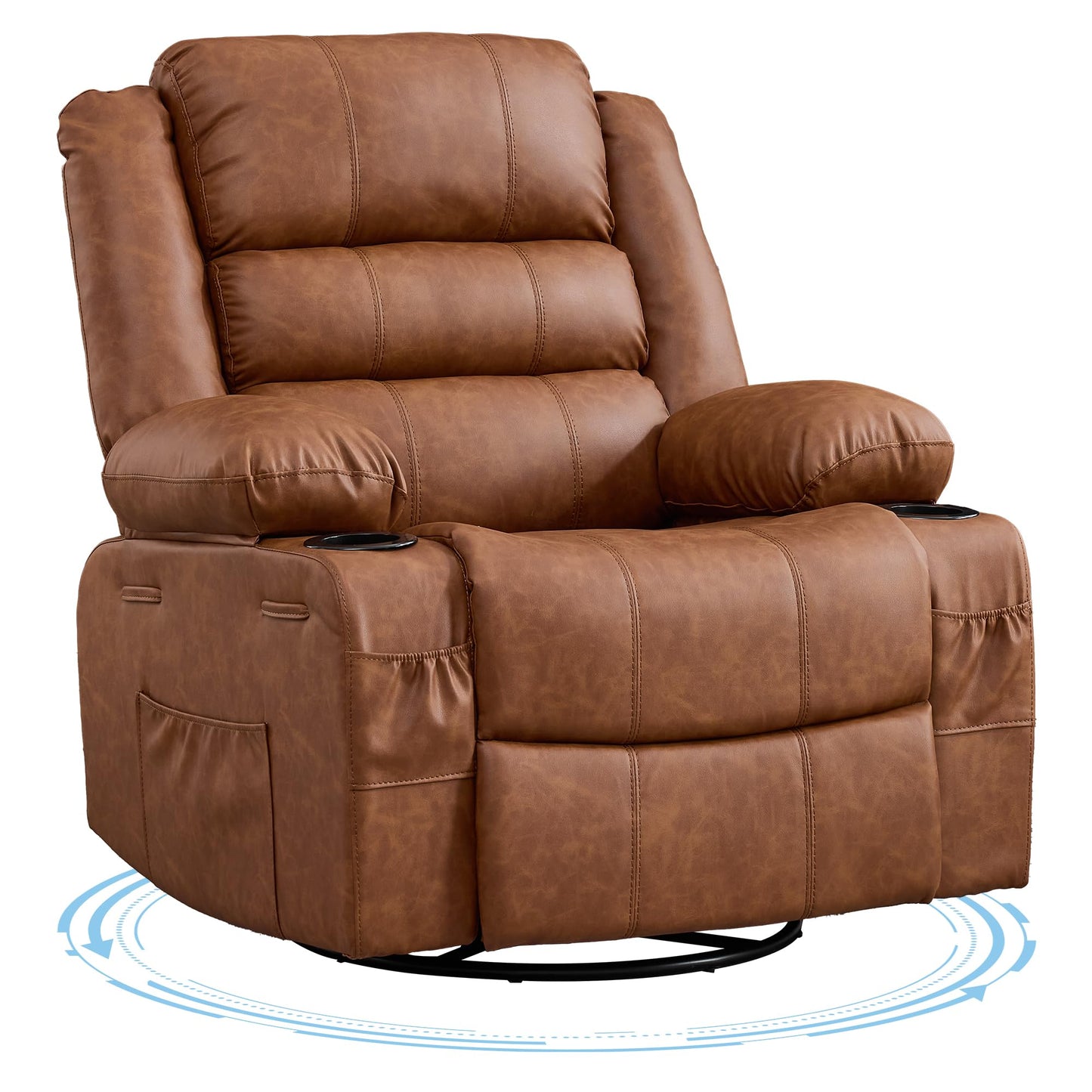 Rocking Recliner Chair for Adults PU Leather Wide 360° Swivel Rocker Recliner with Cup Holder Nursery Glider with Upholstered Deep Seat Lazy boy Chair for Living Room Brown