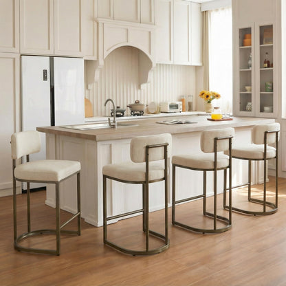 26" H Counter Height Bar Stools Set of 3, Modern Linen Fabric Upholstered Barstools with Backrest for Kitchen Island, Gold Metal Frames, Linen