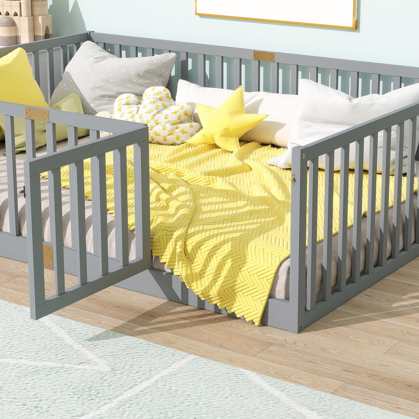 KEIKI Full Floor Bed Frame with High Fence Guardrail, Solid Wood Montessori Kids Bed, Pine Wood Platform Floor Bed with Storage Racks, White