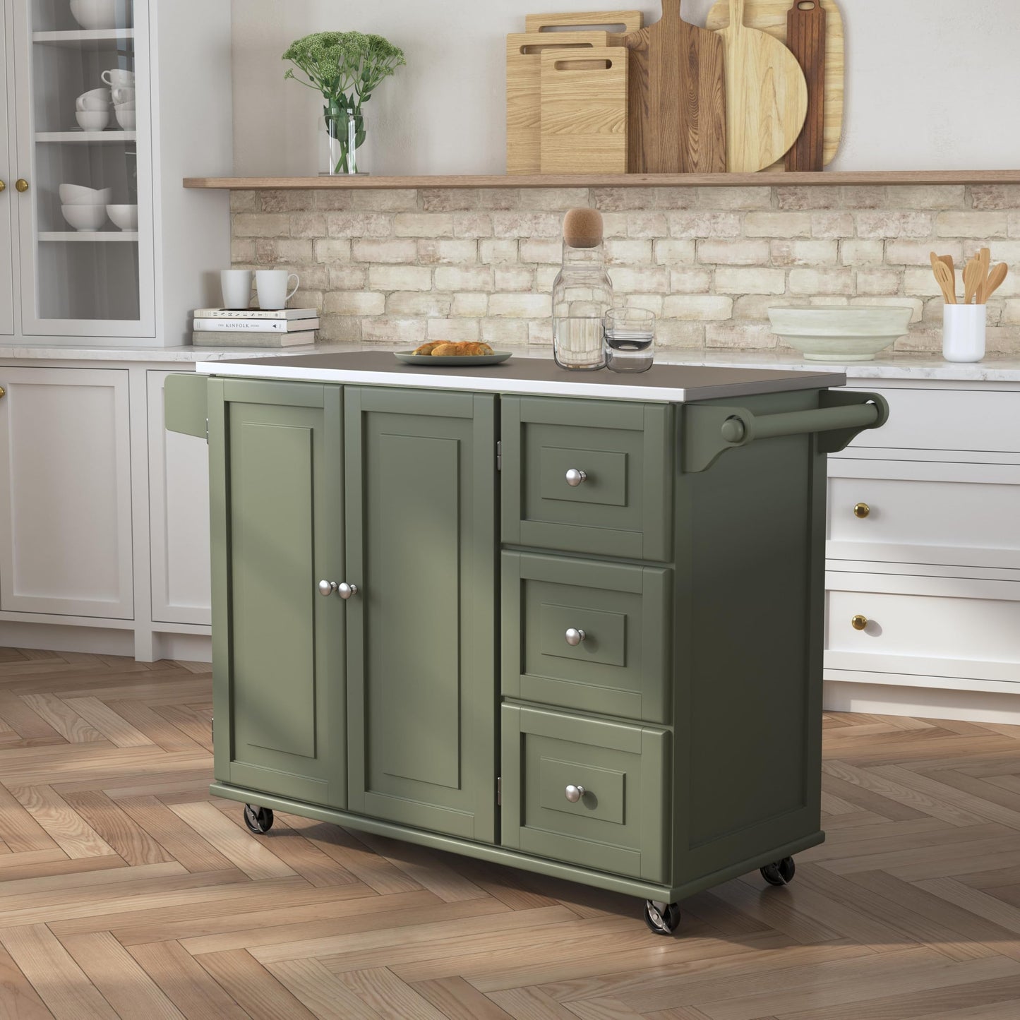 Homestyles Mobile Kitchen Island Cart with Stainless Steel Top, Sage Green