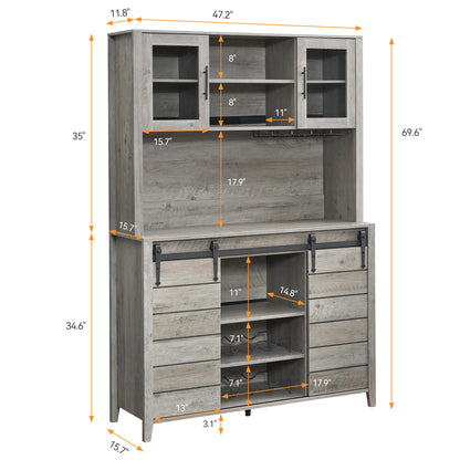 GarveeHome 70 in Tall Farmhouse Coffee Bar Cabinet, Kitchen Hutch Storage with Sliding Barn Door, Kitchen Buffet with Wine Rack, Glass Holder, Wine Bar Cabinet for Dining Room, Living Room, Gray