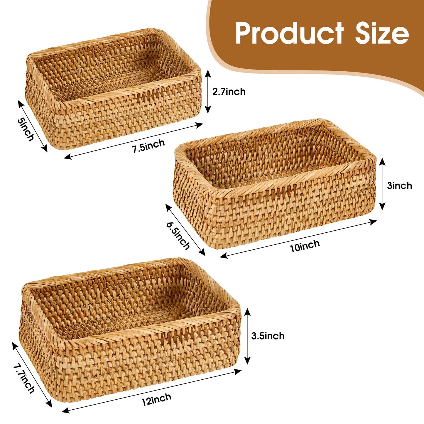 Whalehub Natural Rectangular Rattan Storage Baskets (Set of 3), Hand Woven Food and Fruit Serving Baskets, Wicker Organizer for Living Room, Bedroom, Kitchen