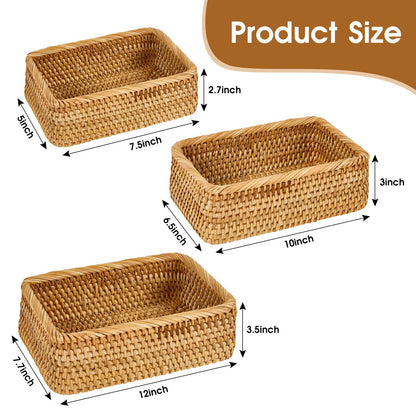 Whalehub Natural Rectangular Rattan Storage Baskets (Set of 3), Hand Woven Food and Fruit Serving Baskets, Wicker Organizer for Living Room, Bedroom, Kitchen
