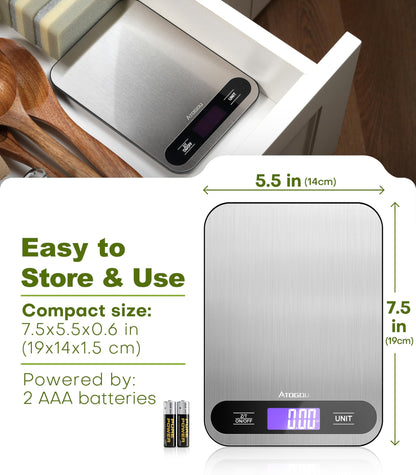 Atogou Food Scale, 33lb/ 15kg Digital Kitchen Scale with Full View LCD Display, Durable Stainless Steel Surface, for Cooking, Baking, Meal Prep Black