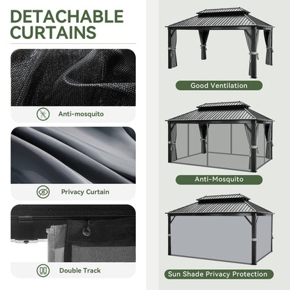 Aoxun 12FT X 16FT Hardtop Gazebo, Outdoor Pergolas with Mosquito Netting and Curtains, Galvanized Steel Double Roof Permanent Metal Gazebo, for Gardens, Decks, Patios, Parties