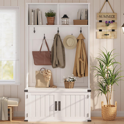 IDEALHOUSE 76" Hall Tree with Bench and Shoe Storage, Farmhouse 4-in-1 Entryway with Coat Rack & 5 Tri-Hooks, Adjustable Shelf, White Mudroom Bench with Storage Seating, Space Saving, White