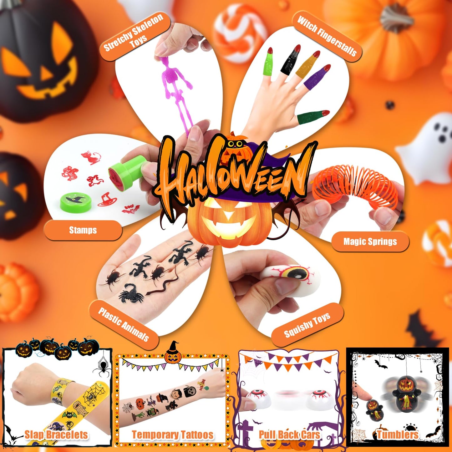 WESAYEE 338 PCS Halloween Party Favors for Kids - 24 Pack Halloween Goodie Bags Stuffer With Glove Treat Bags Fillers, Small Gifts Bulk Toys for Kids Classroom Favors, Party Carnival Prizes
