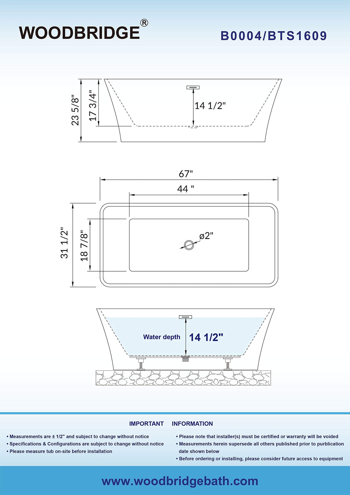 WOODBRIDGE 67" Acrylic Freestanding Bathtub Contemporary Soaking Tub, White Acrylic (Brushed Nickel Drain/Overflow),B0004 -B/N-Drain &O