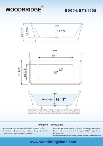 WOODBRIDGE 67" Acrylic Freestanding Bathtub Contemporary Soaking Tub, White Acrylic (Brushed Nickel Drain/Overflow),B0004 -B/N-Drain &O