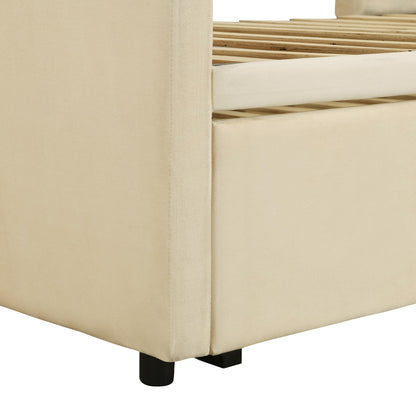 KTATK Twin Size Velvet Upholstered Daybed with Pop Up Trundle,Extendable Wooden Bed Frame,W/Backrest and Armrests,Twin-Size to King-Size,for Living Room Apartment,Beige