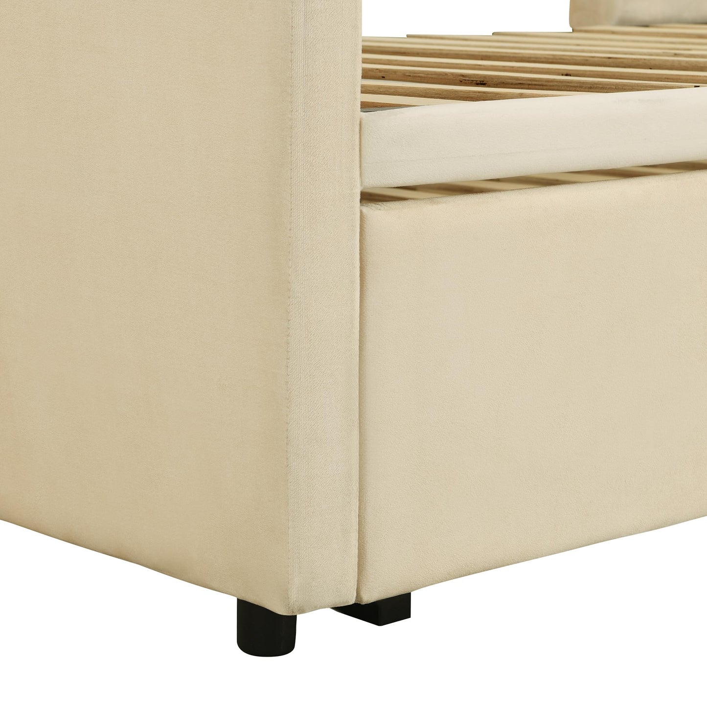 Merax Twin Size Upholstered Daybed Sofa Bed Frame with Extendable Trundle,Backrest and Two Armrests,for Bedroom,Beige Yellow