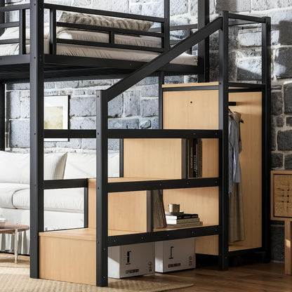 Bellemave Queen Size Loft Bed Frame with Storage Stairs and Wardrobe, Queen Size Game Loft Bed with Canopy Frame, Heavy Duty Loft Bed for Adults Teens Black