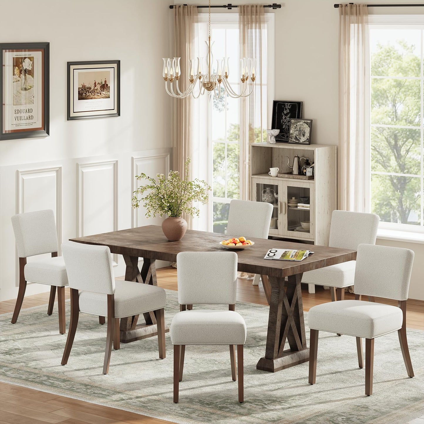 COLAMY Upholstered Dining Chairs Set of 6, Modern Kitchen Chairs with Back, Farmhouse Fabric Side Dining Room Chairs with Wood Legs for Dining Room Kitchen Restaurant, Beige