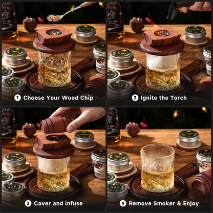 Whiskey Smoker Kit with Torch - 6 Flavors Wood Chips, 2 Glasses, 2 Ice Ball Molds - Cocktail Smoker Infuser Kit, Old Fashioned Drink Smoker Kit, Birthday Bourbon Whiskey Gifts for Men,Dad(NO Butane)