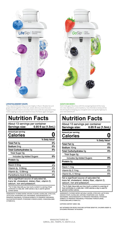 Cirkul 32oz. BPA-Free Plastic Water Bottle Starter Kit with Navy Lid, 2 Flavor Cartridges (1 LifeSip Blueberry Grape, 1 GoSip Kiwi Berry) No Sugar, Zero Calorie Drink Mix