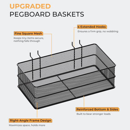 INCLY 4 Pack Upgrade Pegboard Baskets, 4 Sizes Square Style Metal Mesh Pegboard Baskets and Bins, Peg Board Organizer Accessories for Garage Craft Room Office Kitchen