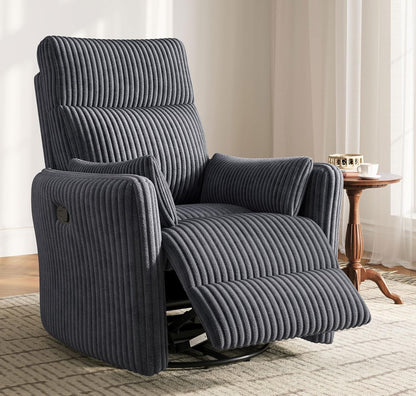 LINSY 360 Swivel Recliner Chair, Nursery Glider Rocking Chair with 2 Pillows, Corduroy Nursing Chair Comfy High Back Adult Rocker Recliner for Small Spaces, Nursery Bedroom Living Room (Gray)