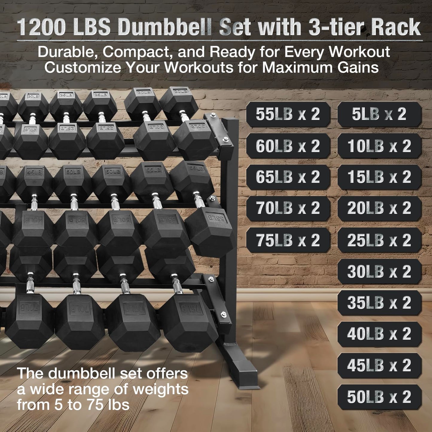 5–75 lbs Dumbbells Weight Set (15 Pairs) with Weight Storage Rack, 1200 lbs Hex Dumbbell Sets, Gyms Weights Dumbbells Sets with 3-Tier Rack, Weight Set for Home Gym, Strength Training