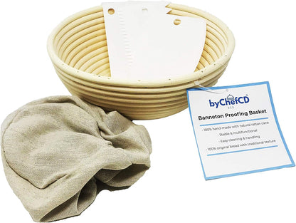 ChefCD 9 Inch Round Bread Proofing Basket Set - Cloth Liner, Bowl Scraper, Smoother for Home & Professional Bakers