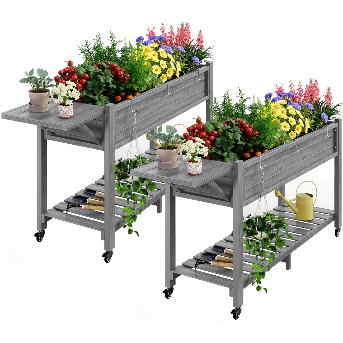 YEFU Raised Garden Bed with Legs: 57x18x30in Elevated Poly Planter with Wheels,Waterproof Mobile Raised Bed Garden, Elevated Planter Box Stand with Storage Shelf,for Deck,Patio,Porch,Yard (Grey,2pcs)