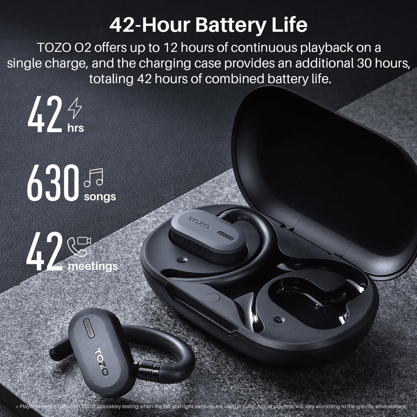 TOZO O2 True Open Ear Wireless Headphones Lightweight with Multi-Angle Adjustment, Bluetooth 5.3 Earbuds with Dual-Axis Design for Long-Lasting Comfort, Crystal-Clear Calls for Driving, Dark Black