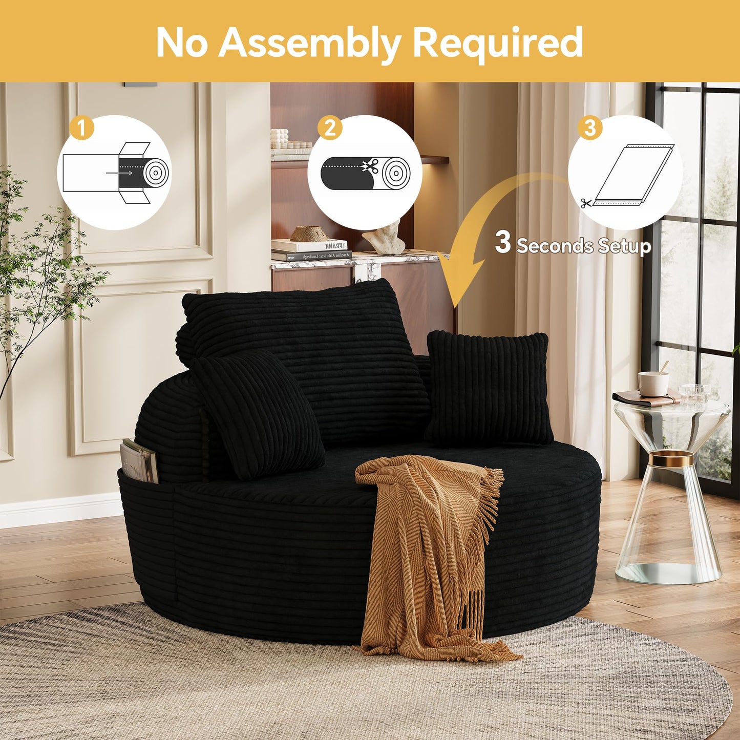 FAVSH 55" Oversized Round Chaise Lounge Chair Indoor, Upholstered Plush Deep Seat Circle Single Cloud Lounge Floor Sofa Chair with 4 Pillows with Side Pocket, Living Room, Bedroom Apartment, Black