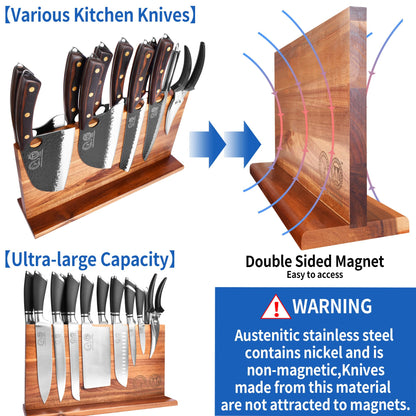 XYJ Extra Large Magnetic Knife Block Acacia Wood Knife Set Holder Stand With Stronge Magnetic Strip Kitchen Knives Storage Rack Organizer Tools No Drilling