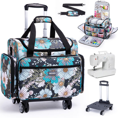 AMOIGEE Rolling Sewing Machine Case with Detachable Dolly, Padded Sewing Machine Bag with Wheels, Travel Tote for Most Standard Machines, Storage Organizer fits Brother, Singer
