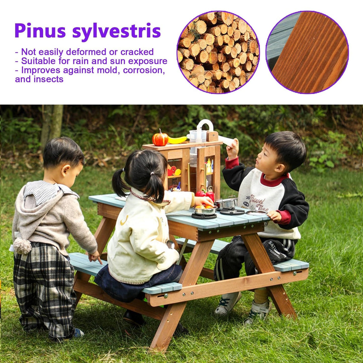 Kids Wooden Picnic Table with Water Table & Play Kitchen, 2-in-1 Outdoor Sand & Water Table with Ramp, Toddler Picnic Table for Backyard, Patio, Garden