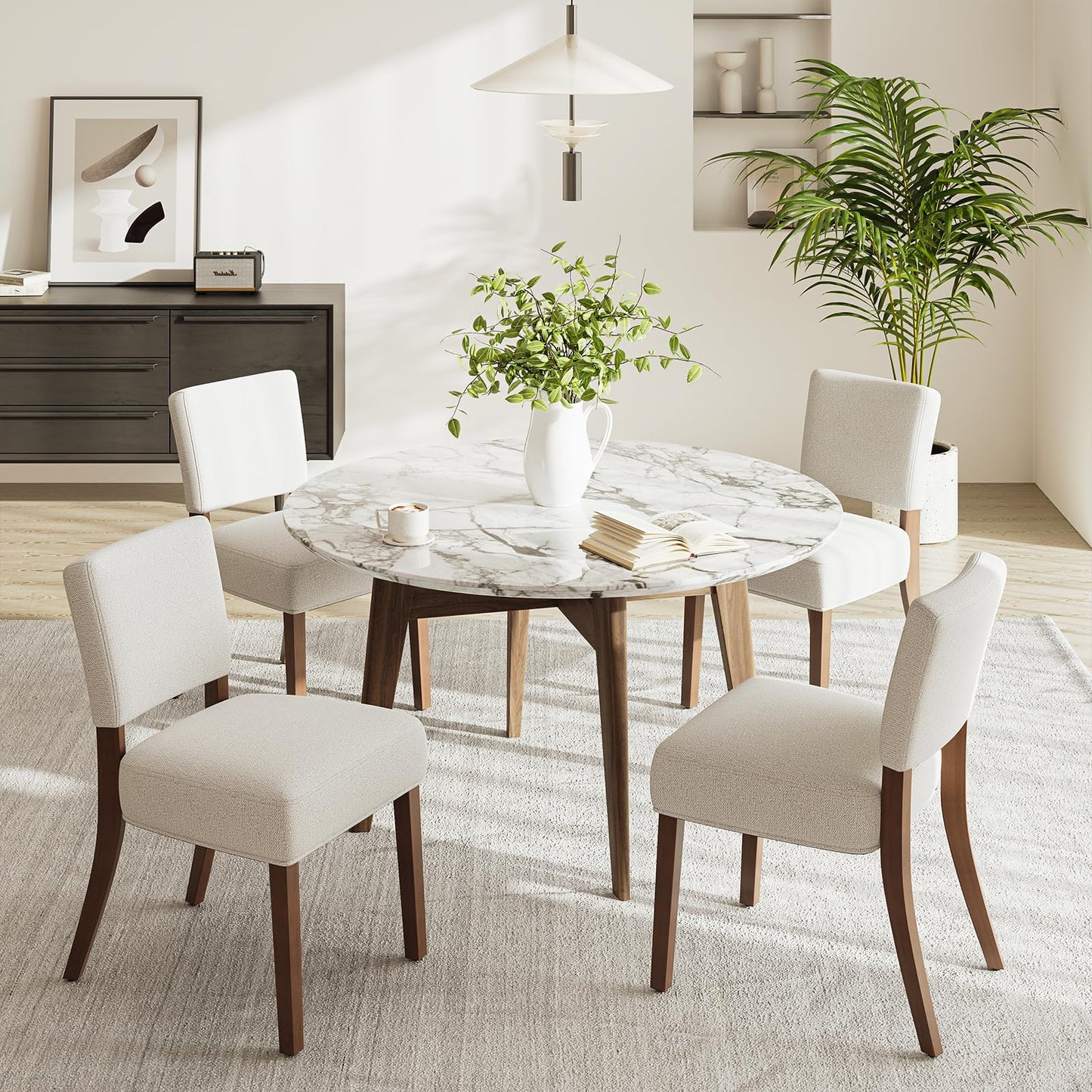 COLAMY Mid Century Modern Dining Chairs Set of 4, Upholstered Kitchen Chairs with Open Back, Fabric Side Dining Room Chairs with Wood Legs for Dining Room Kitchen Restaurant, Beige