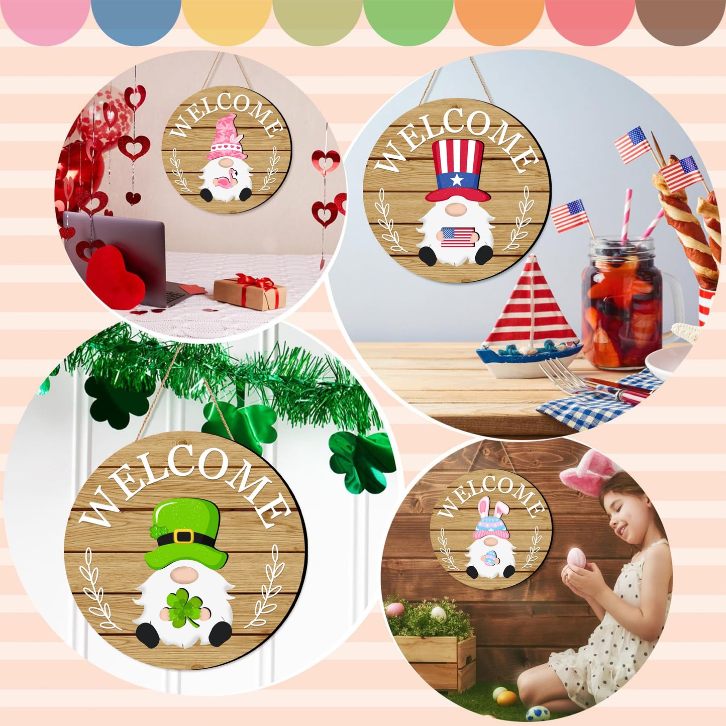 Seasonal Gnome Wall Decor Set, 11.8 inch Autumn Wooden Round Sign with Interchangeable Holiday Hats, Thanksgiving Welcome Door Hanging (Light brown-3)