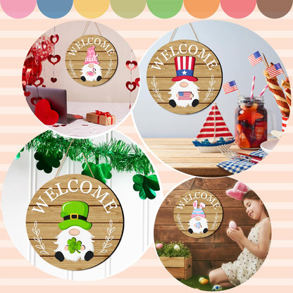 Seasonal Gnome Wall Decor Set, 11.8 inch Autumn Wooden Round Sign with Interchangeable Holiday Hats, Thanksgiving Welcome Door Hanging (Light brown-3)