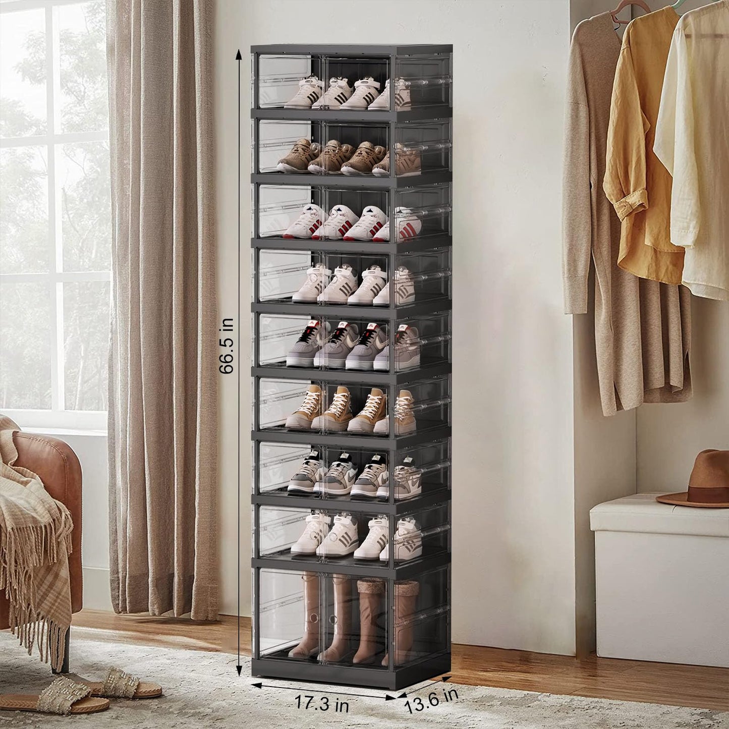 ELPHECO 9 Tier 18 Pairs Foldable Shoe Rack - Clear Shoe Rack Organizer, Folding Entryway Shoe Cabinet, Collapsible Sneaker with Magnetic Doors, Stackable Shoe Shelf,Three-Sided Clear Shoe Box, Black