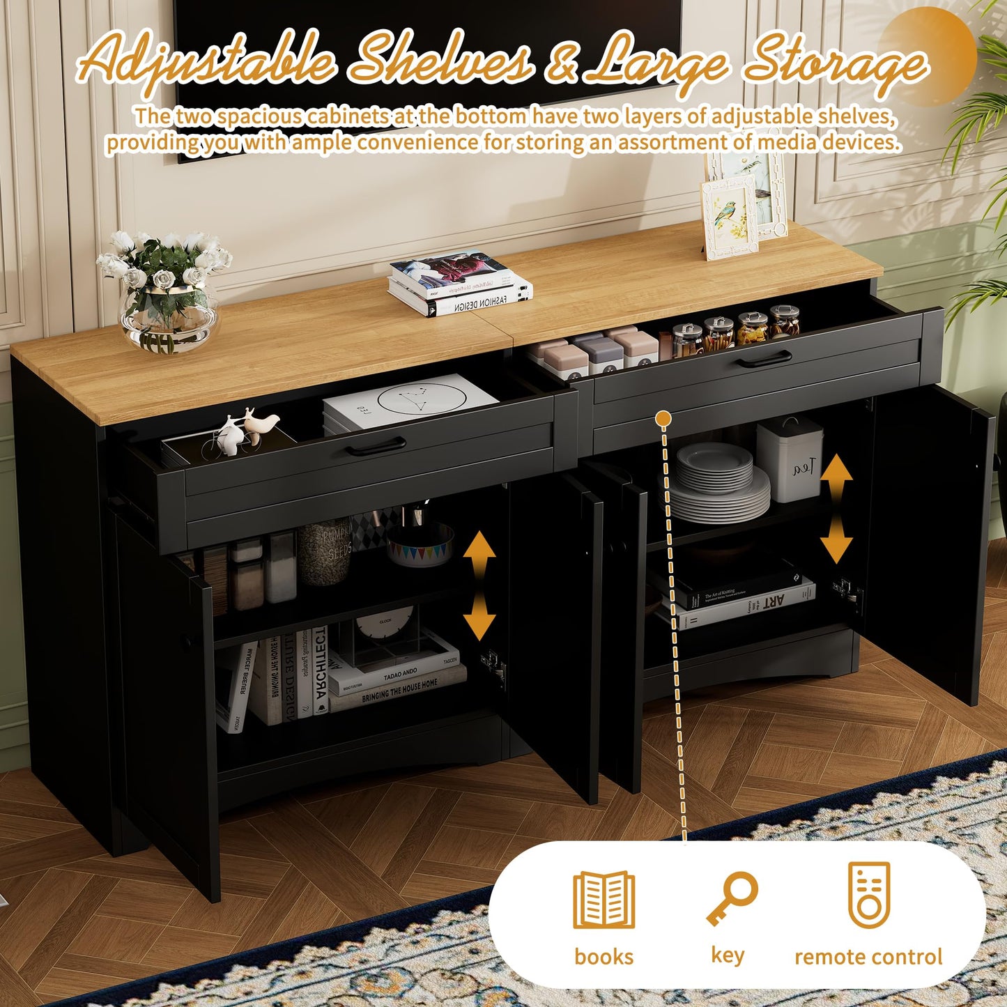 Merax Modern TV Stand Consoles for TVs up to 70'', Mid-Century Solid Wood Entertainment Center with Storage Cabinets, Practical Media Console for Living Room, Bedroom, Black