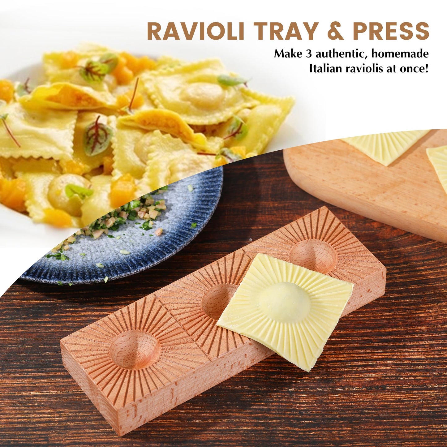 Triple Ravioli Molds Wooden Pasta Ravioli Board Double Sided Sunburst & Wheat Pattern Ravioletti Moulds Wood Pasta Raviolini Maker Molds Handmade 2 in 1 Ravioli Mold Press Maker Kitchen Fresh Pasta
