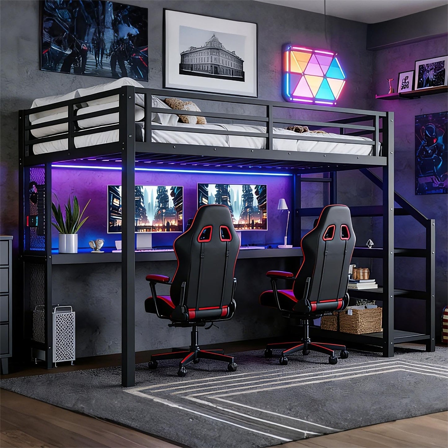 Bellemave Queen Loft Bed with Desk & Storage Stairs, Metal Queen Size Loft Bed Frame with Iron Nets, LED Lights & USB Ports, Heavy Duty Adult LoftBed for Bedroom, Noise-Free, Black Wood