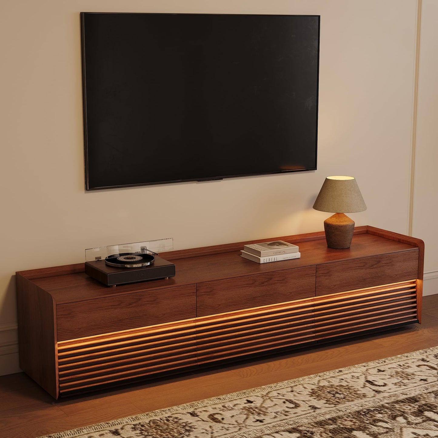 POVISON Fully-Assembled Mid Century Modern TV Stand, 78.74" Wood Media Console with Adjustable LED Light, Entertainment Center with Storage for Living Room