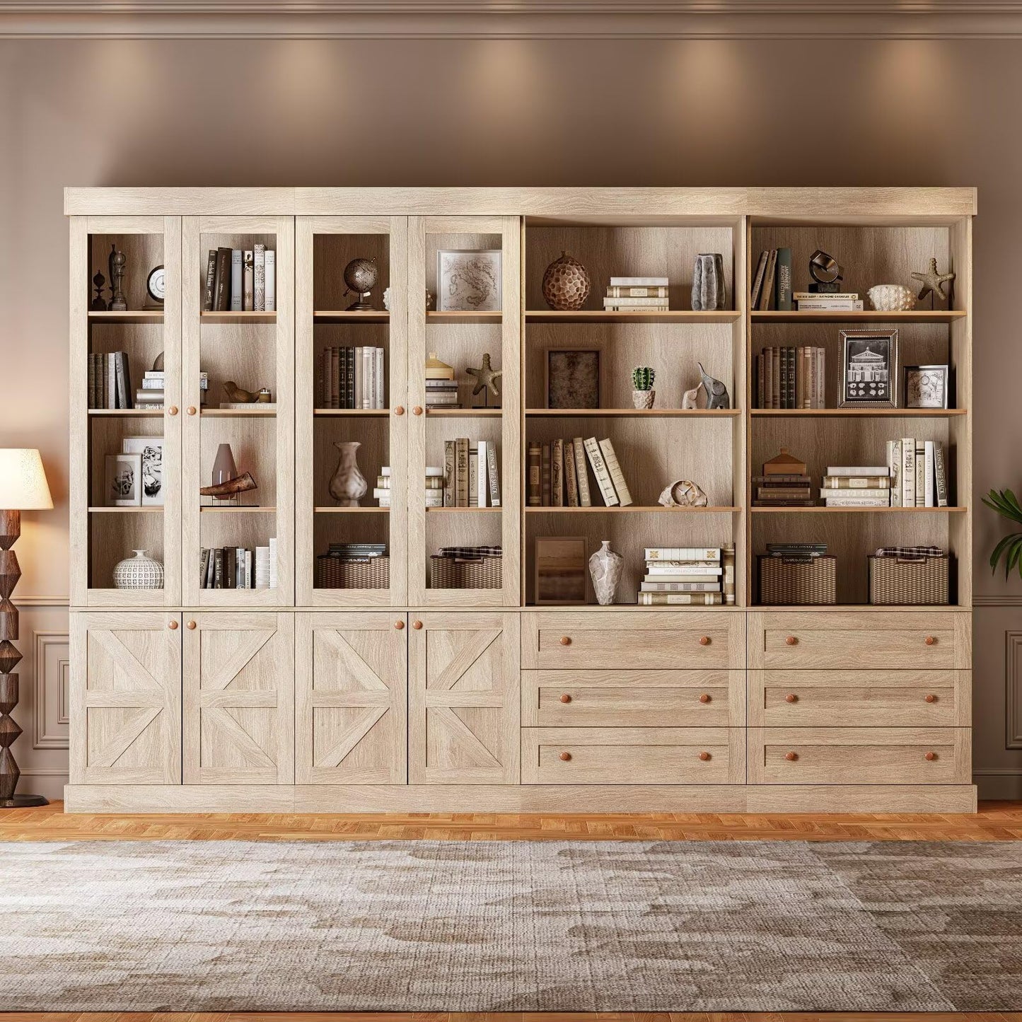 ivaniti 71" Farmhouse Bookcase with Glass Doors & Drawers, Tall Wooden Storage Cabinet with Adjustable Shelves for Living Room, Kitchen, Home Office, Dining Room – Rustic Brown, Set of 4