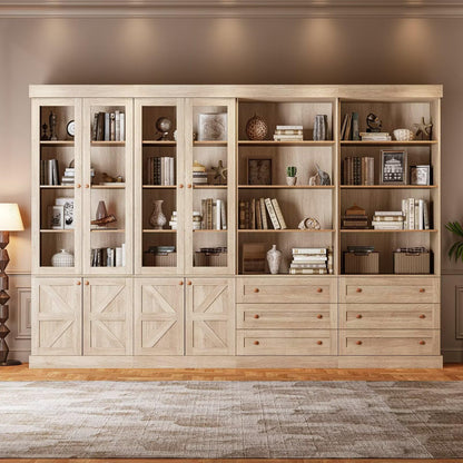 ivaniti 71" Farmhouse Bookcase with Glass Doors & Drawers, Tall Wooden Storage Cabinet with Adjustable Shelves for Living Room, Kitchen, Home Office, Dining Room – Rustic Brown, Set of 4
