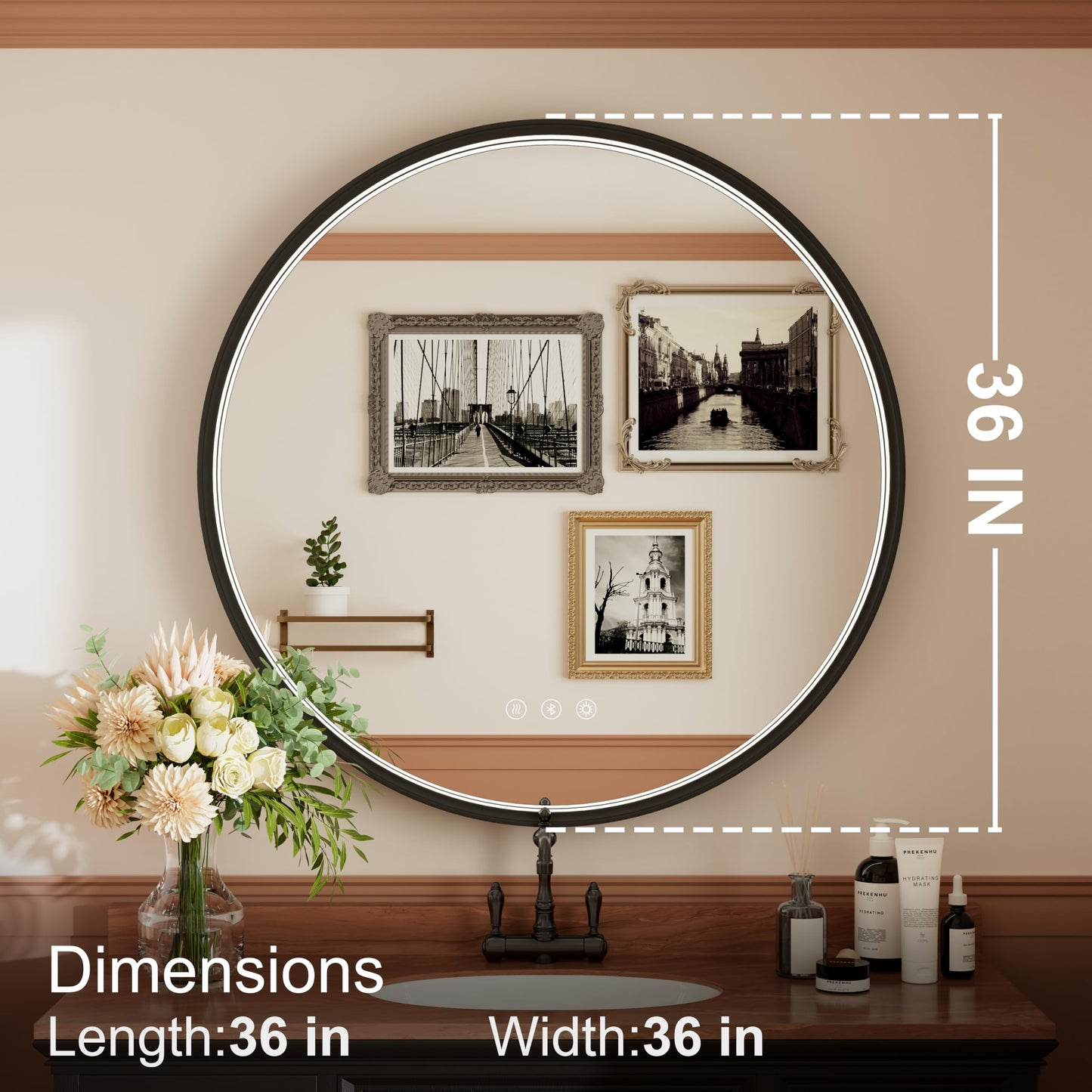 JSneijder 36 Inch Bluetooth Bathroom Mirror with LED Lights, Black Frame Round Vanity Mirror with Lights and Bluetooth, Anti-Fog, Dimmable, 3000K/4500K/6000K, CRI 90+,Memory Function