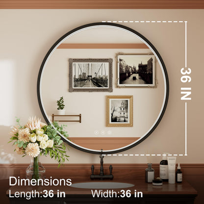 JSneijder 36 Inch Bluetooth Bathroom Mirror with LED Lights, Black Frame Round Vanity Mirror with Lights and Bluetooth, Anti-Fog, Dimmable, 3000K/4500K/6000K, CRI 90+,Memory Function