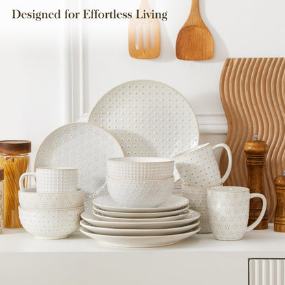 MALACASA 16 Pieces Dinnerware Sets, Modern Relief Design Plates and Bowls Sets, White Dish Set for 4, Kitchen Ceramic Dinner Plates Dishware Set, Microwave and Dishwasher Safe, Series LYDIA