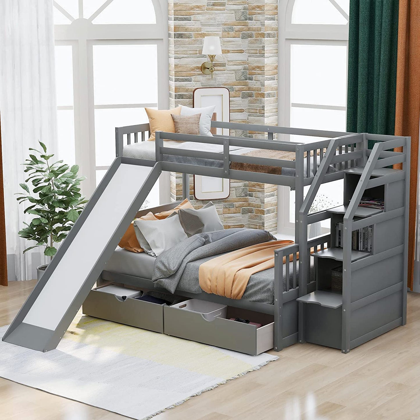 DNYN Full Size Loft Bed with Desk & Shelves & Ladder for Kids/Adults,Solid Wood Bedframe,High Loftbed with Safety Guardrails,Space Saving Design & No Box Spring Needed,79.3"×58.5"×65.4", Gray
