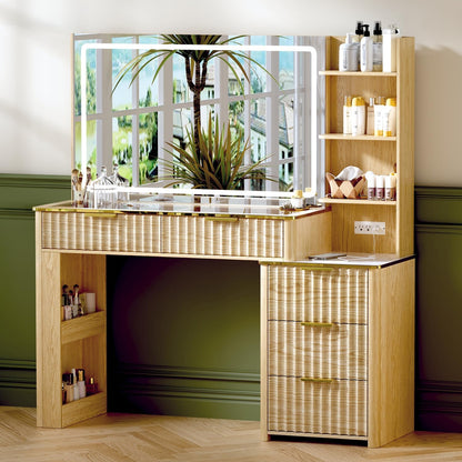 GRUTEUNIT 51" Vanity Desk with Power Outlet, Makeup Vanity with Mirror and Lights, 3 Lighting Modes, Vanity Table with Glass Top, 5 Drawers, and Jewelry Storage,Oak