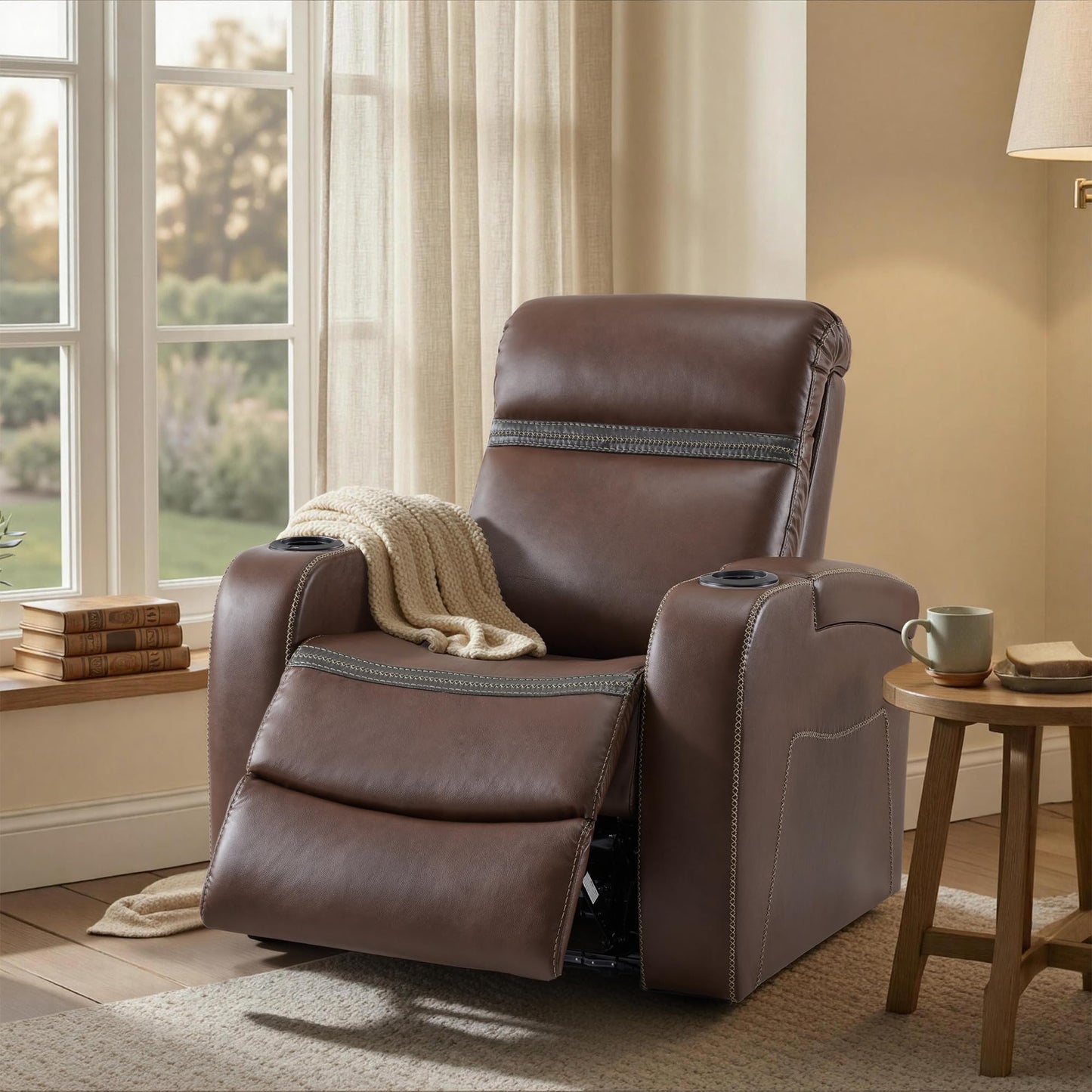 MCombo Power Recliner Chairs, Leather Recliner Chair for Adults, Home Theater Seating with Adjustable Headrest, USB Ports, LED Light & Armrest Storage, Recliners for Living Room HTS400 (Light Brown)
