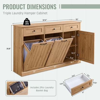 IFBUY Triple Tilt Out Laundry Hamper Cabinet, 20 Gallon Farmhouse Trash Can Cabinet w/Drawer & Adjustable Shelf, Hidden Garbage Can Bin Cabinets w/Laundry Basket for Bathroom, Kitchen (Natural)